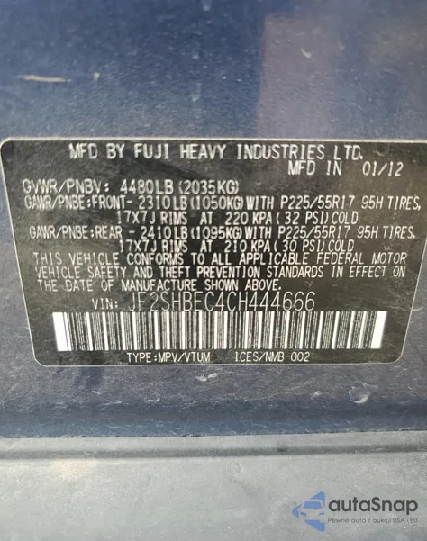 2012 Subaru Forester 2.5X Limited из США, поврежденный, VIN JF2SHBEC4CH444666